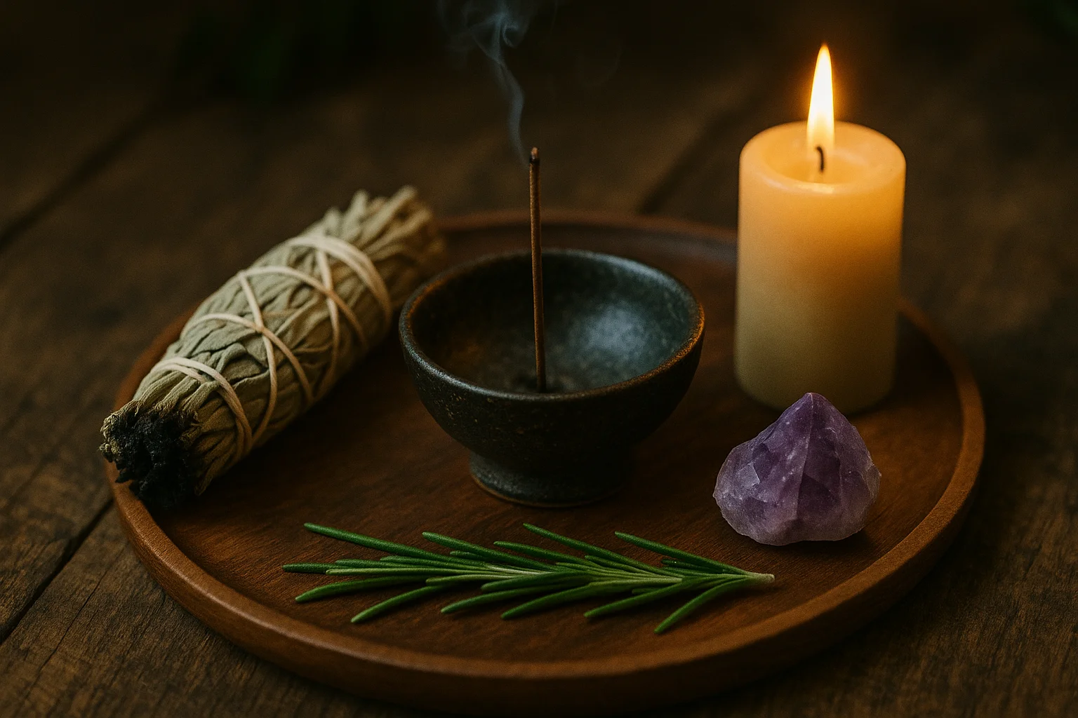 Ritual wiccano con sahumerio de salvia, vela encendida y piedras energéticas sobre fondo oscuro.
