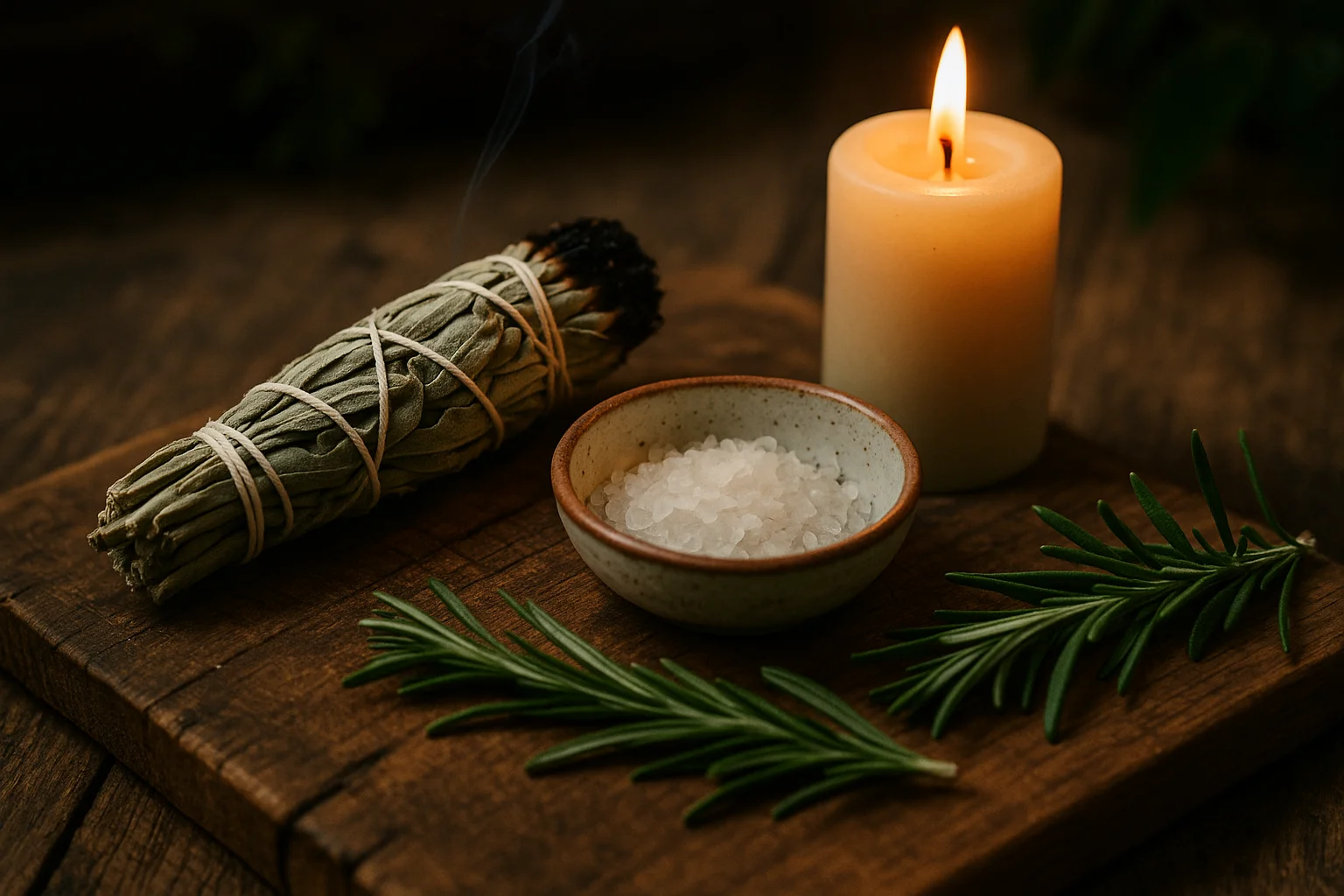 Sahumerio de salvia encendido junto a vela blanca sobre madera natural para limpieza energética.
