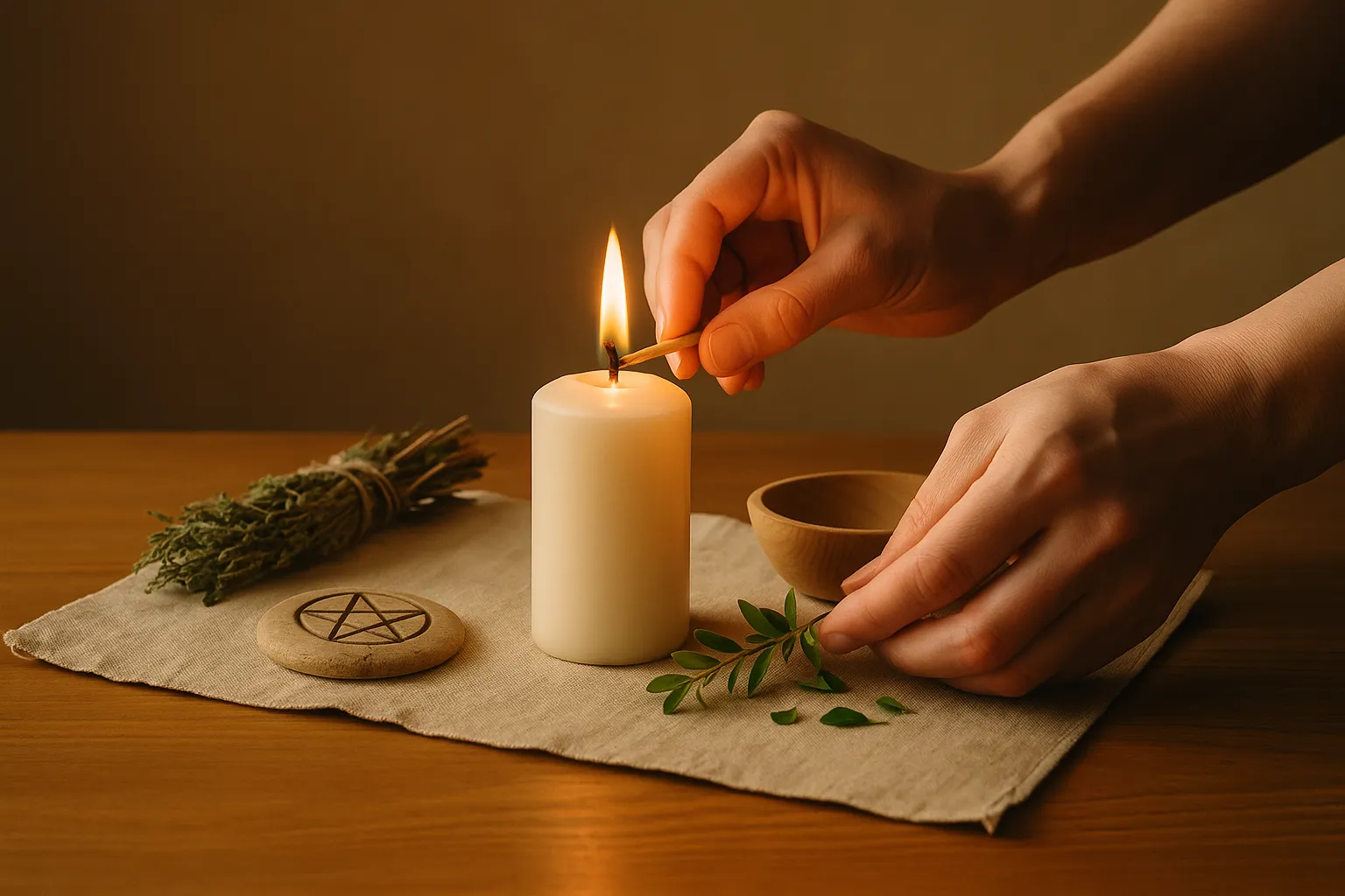 Manos encendiendo una vela y preparando un altar sencillo con hierbas y símbolos naturales, creando un espacio ritual cálido y sereno.