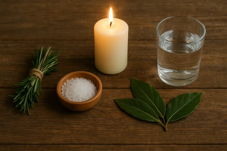 Vela encendida, hierbas sagradas, sal gruesa, laurel y agua sobre una mesa rústica para un ritual de fin de año