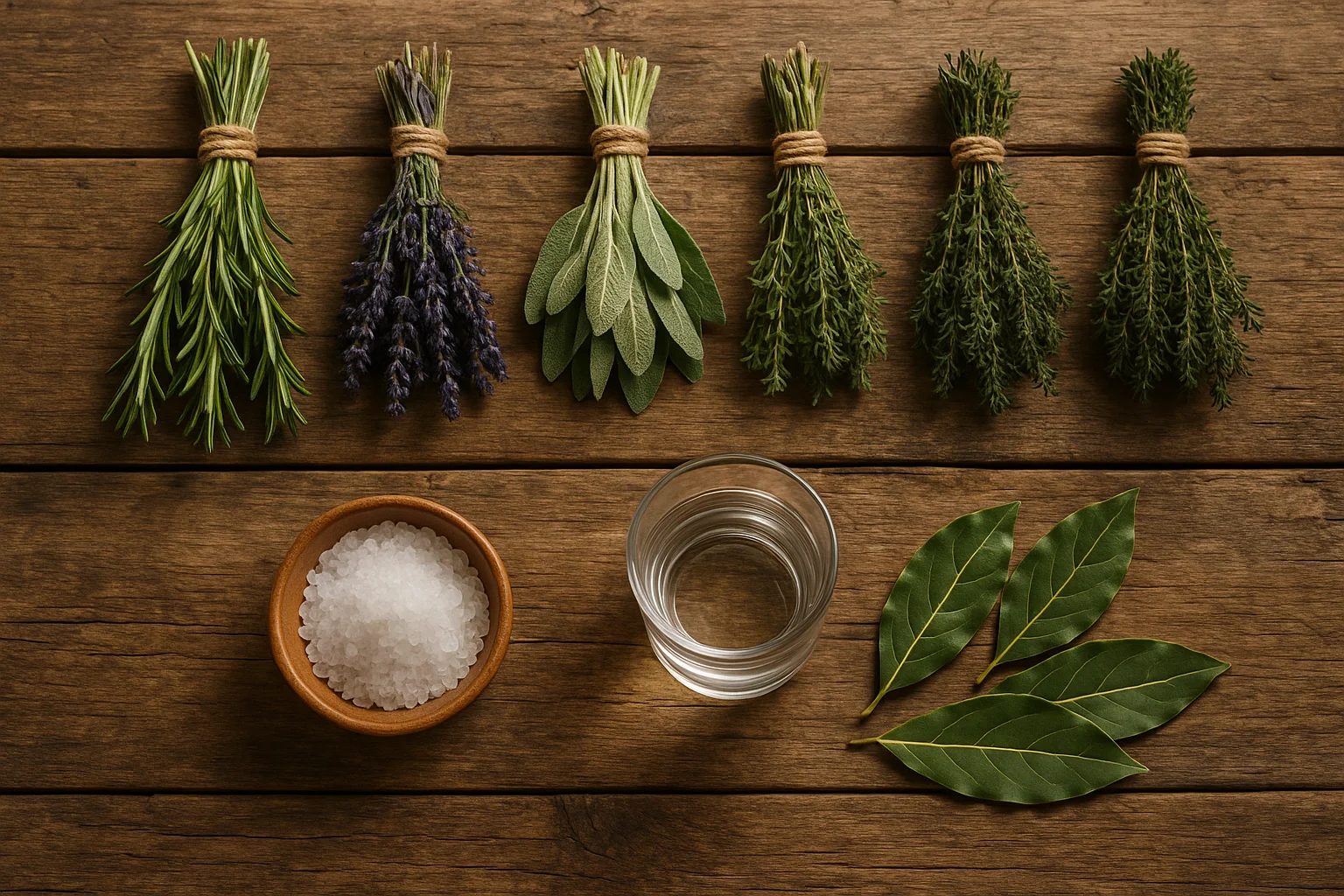 Atadillos de hierbas sagradas con sal gruesa, agua y hojas de laurel sobre una mesa rústica
