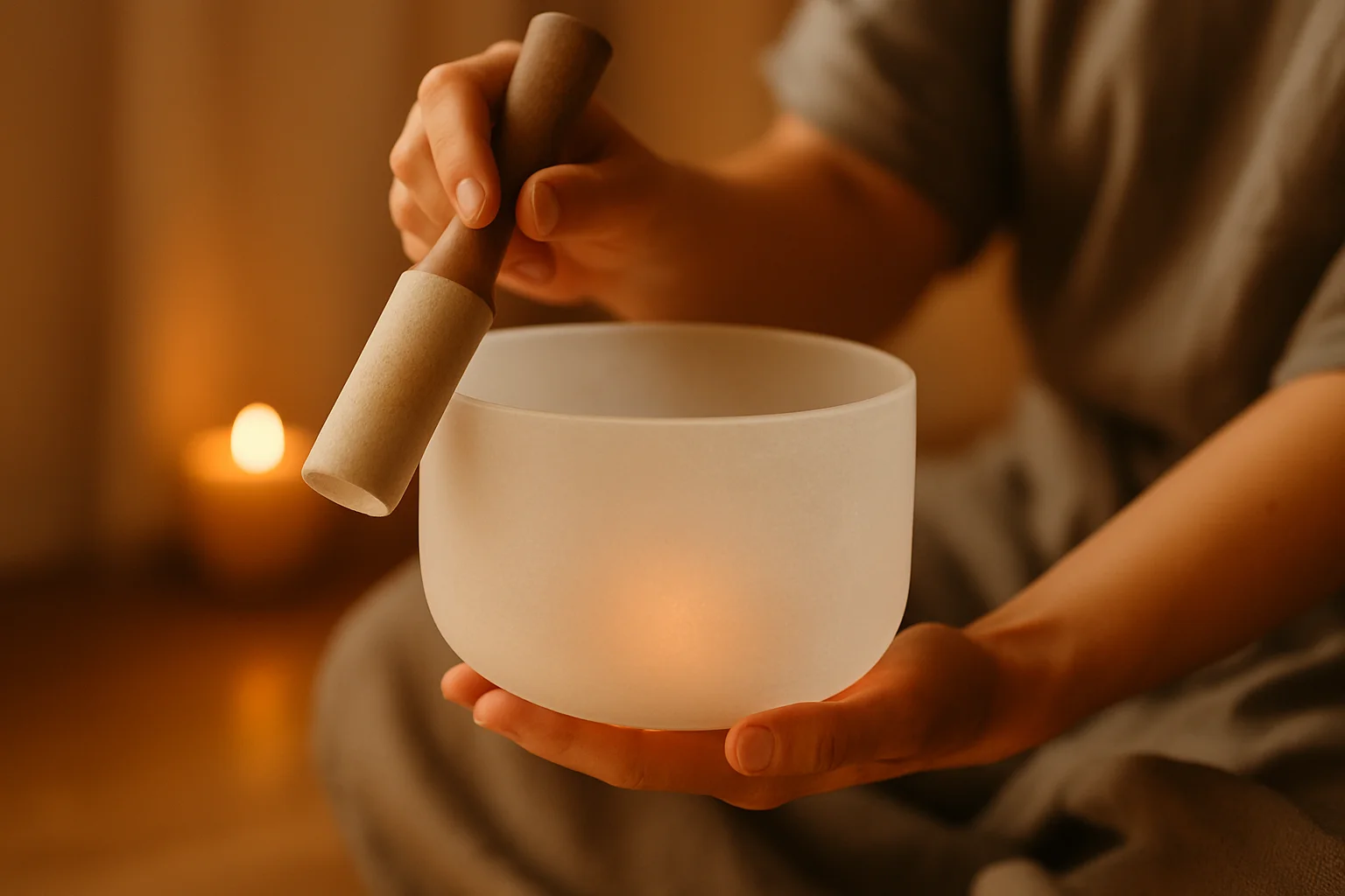 Una fotografía horizontal de un cuenco tibetano o de cuarzo siendo sostenido por unas manos, con luz suave y un ambiente cálido.