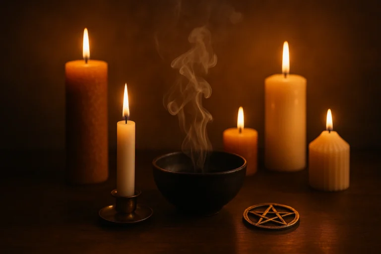 Cinco velas encendidas en un altar ritual, con luz cálida y elementos naturales, para guía sobre velas mágicas Wicca.