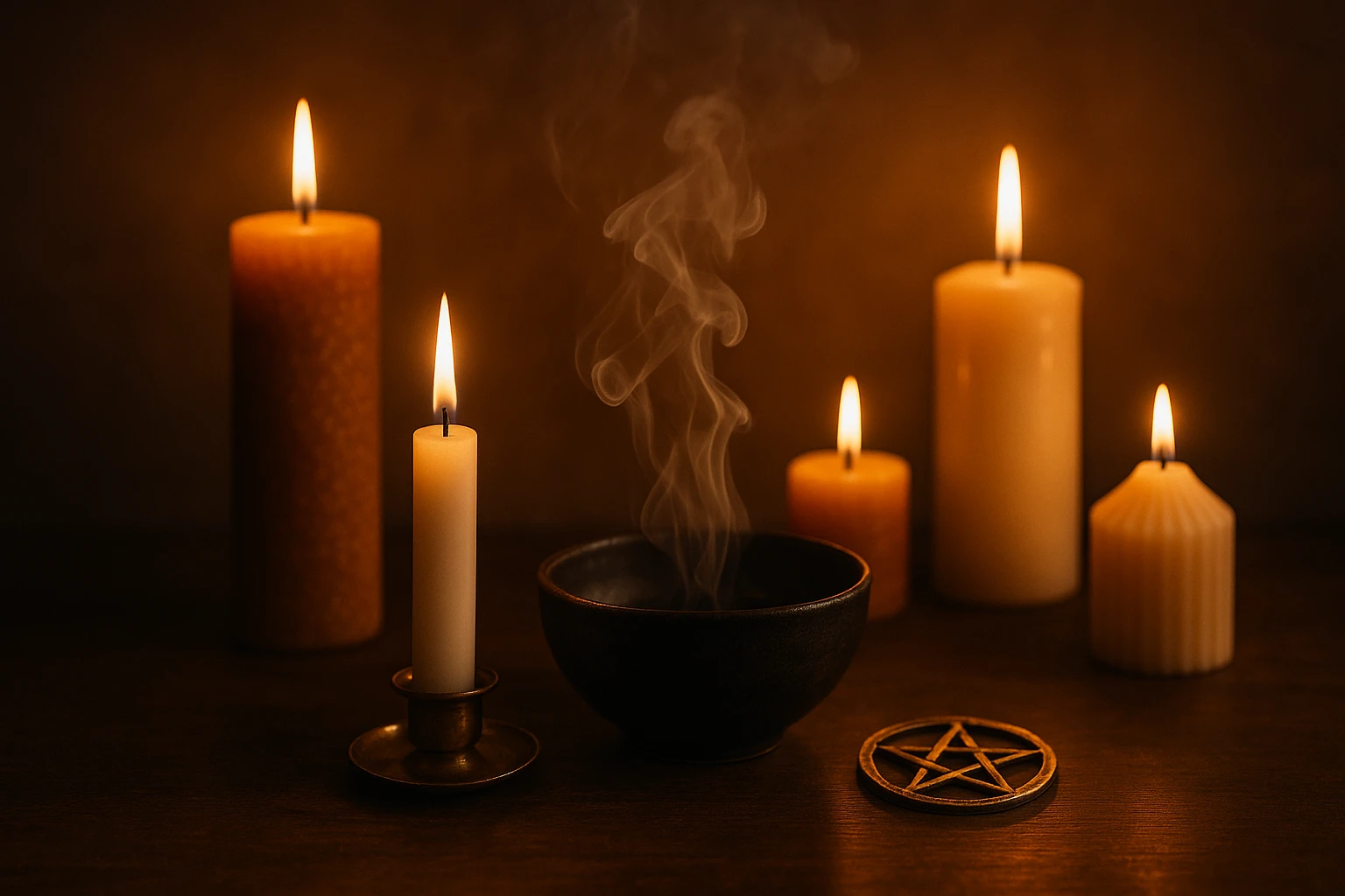 Cinco velas encendidas en un altar ritual, con luz cálida y elementos naturales, para guía sobre velas mágicas Wicca.
