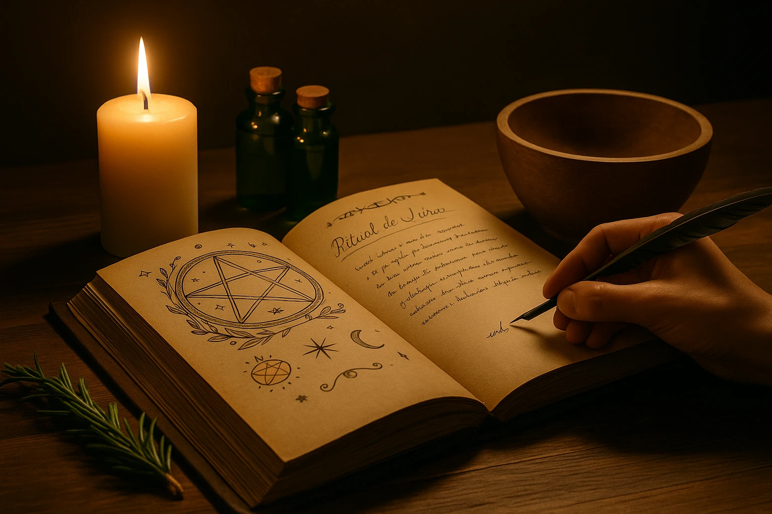 Manos escribiendo en un grimorio iluminado por una vela, junto a un cuenco y frascos sobre un altar wiccano
