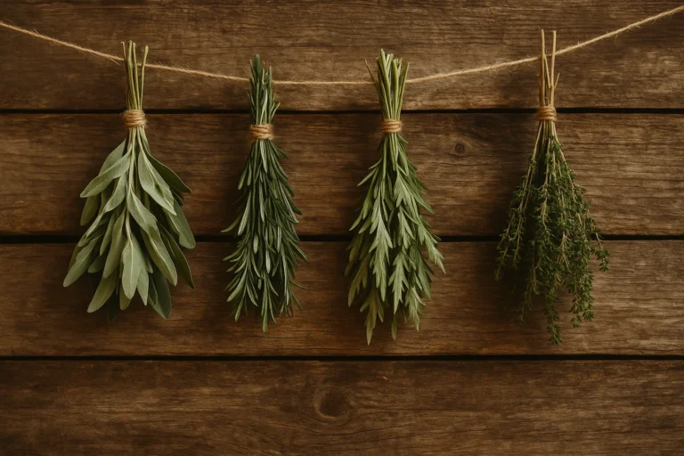 Manojos de hierbas sagradas secándose colgadas en una cuerda sobre una pared de madera rústica.