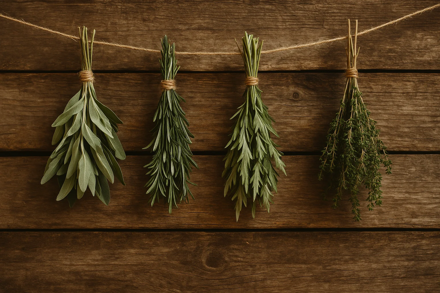 Manojos de hierbas sagradas secándose colgadas en una cuerda sobre una pared de madera rústica.