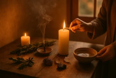 Limpieza energética del hogar con velas, hierbas y cristales en un altar wiccano, bajo luz cálida al amanecer.