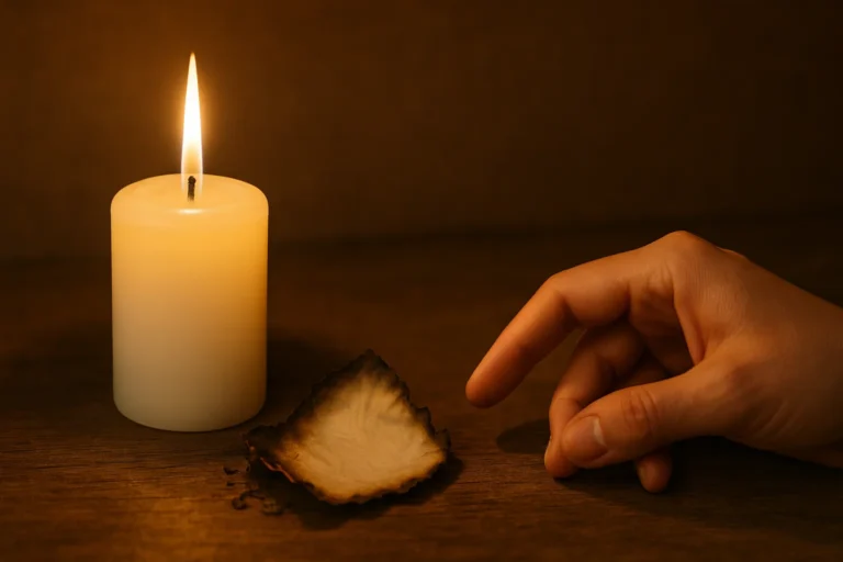 Vela blanca encendida junto a un papel quemado y una mano acercándose en un ambiente ritual cálido.