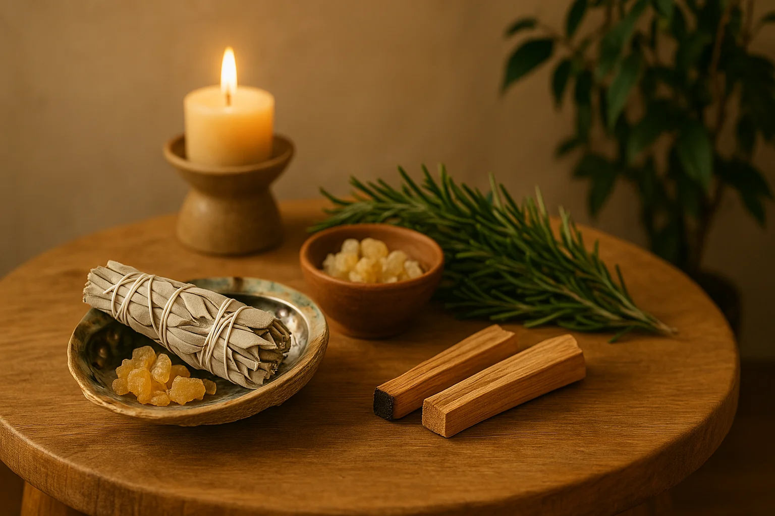 Mesita de madera con salvia blanca, romero, palo santo y copal encendidos en un ambiente cálido y ritual.

