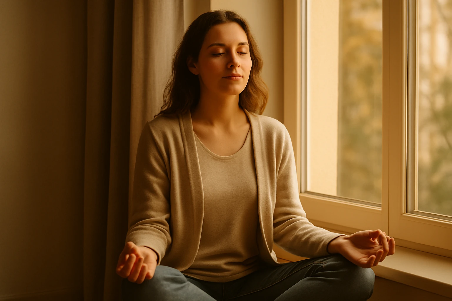 “Persona meditando frente a una ventana con luz cálida”
