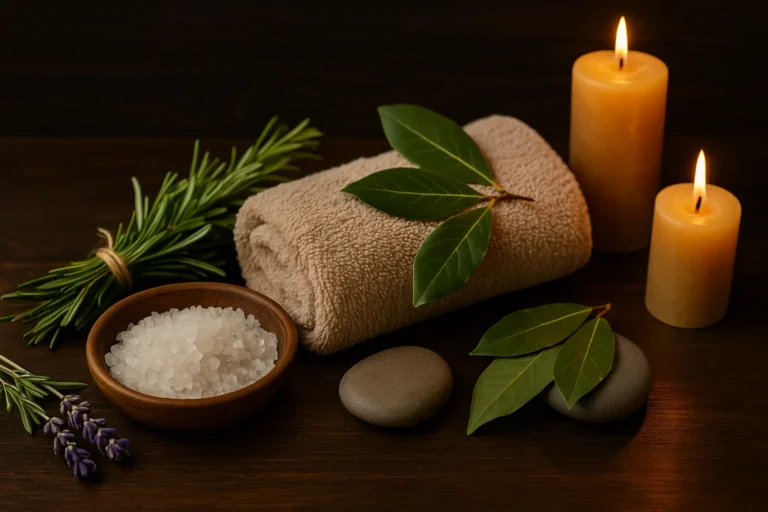 Elementos rituales: sal marina, laurel, romero, velas y toalla sobre madera.