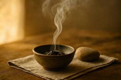 Cuenco artesanal con sahumerio encendido desprendiendo humo suave, sobre tela natural y fondo cálido, simbolizando la purificación energética y espiritual.