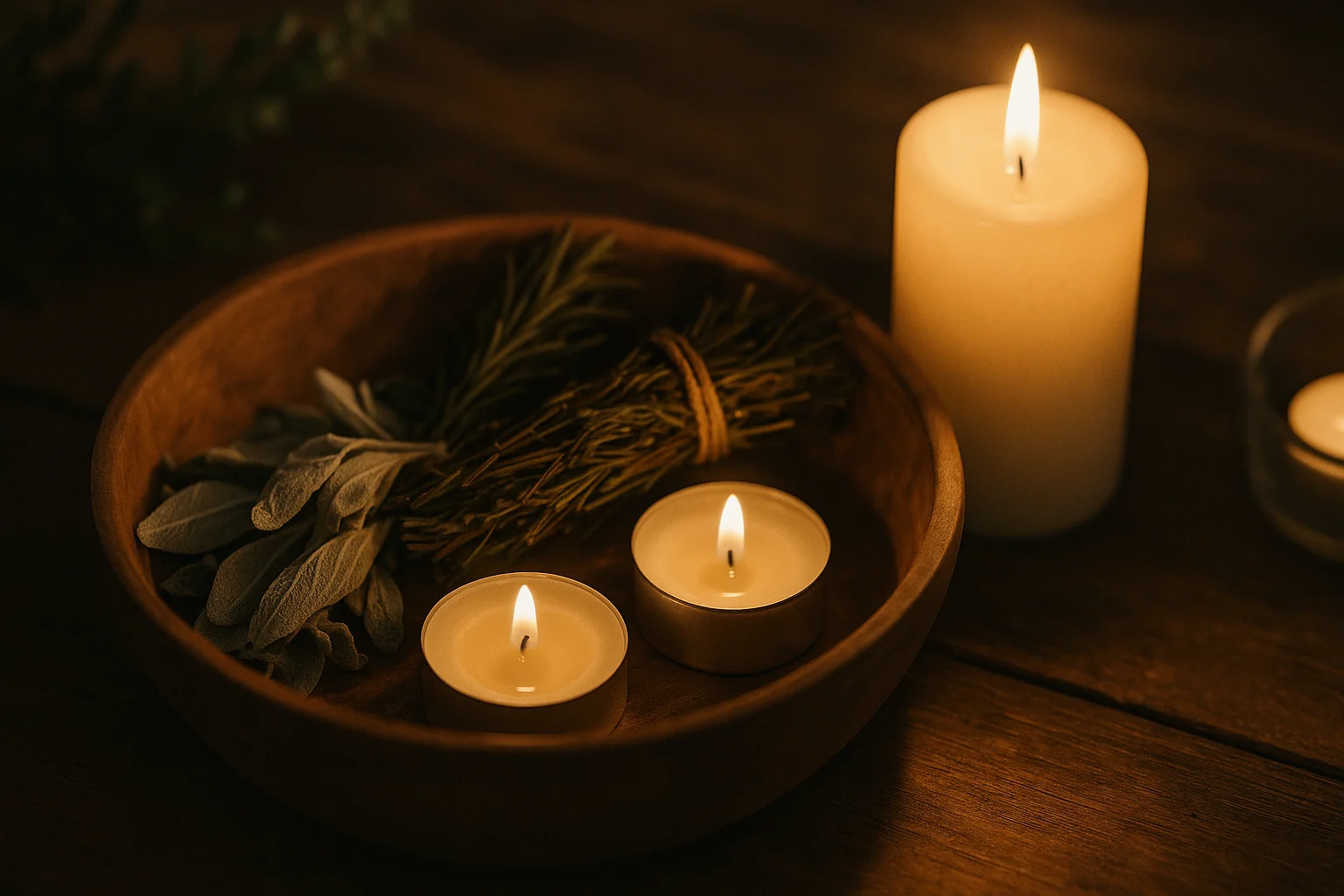 Cuenco con velas encendidas y hierbas rituales bajo una luz cálida, evocando limpieza energética lunar.
