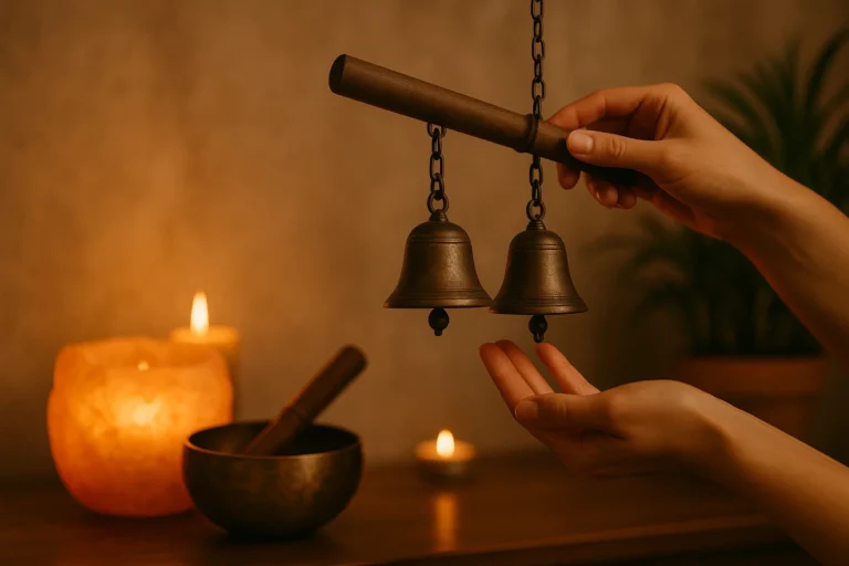Imagen cálida de un cuenco tibetano utilizado en rituales de limpieza energética con sonido.