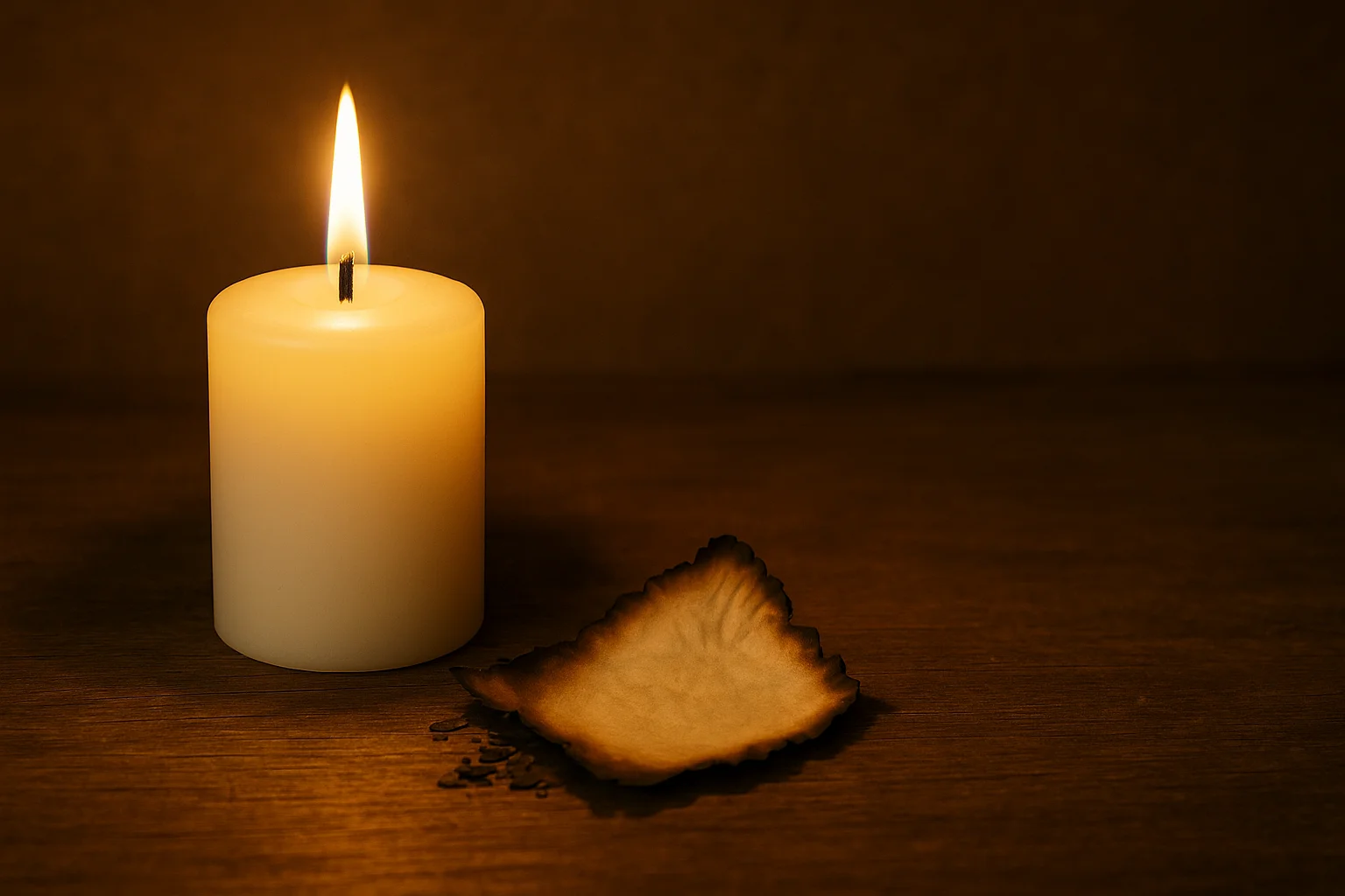 “Vela blanca encendida junto a un papel quemado sobre una superficie de madera, en un ambiente cálido y ritual.”

