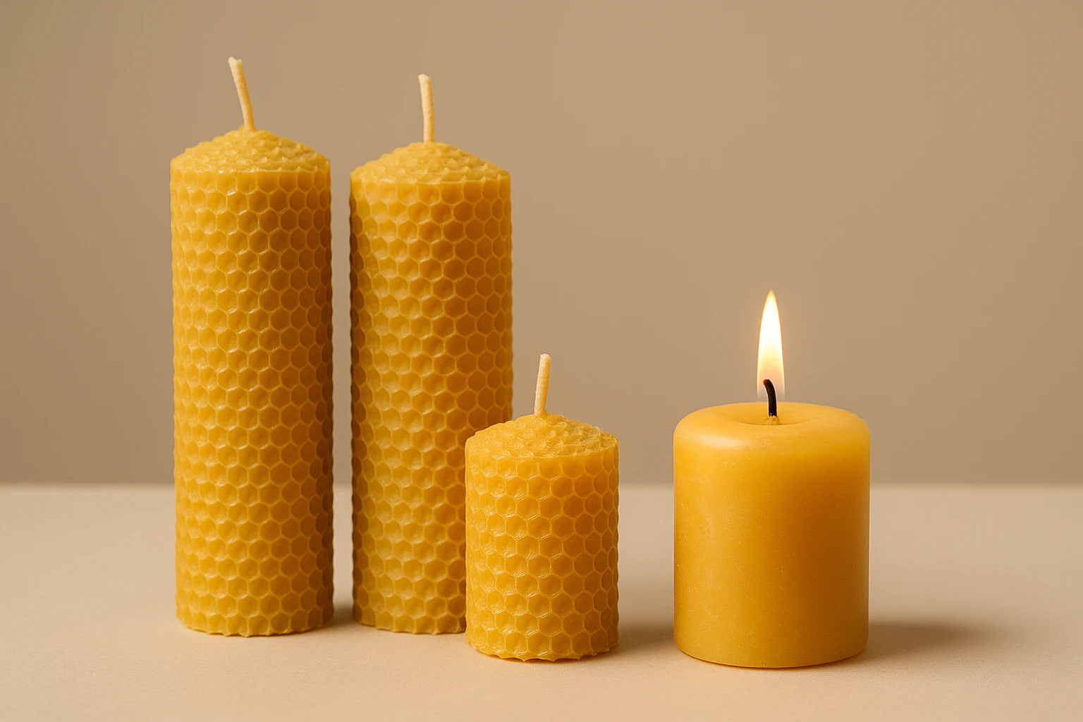 Velas de miel hechas a mano con cera natural, ideales para rituales de prosperidad y energía solar.