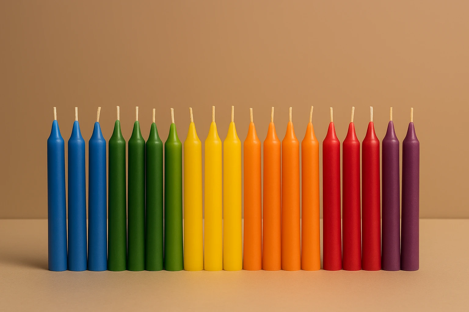 Velas mágicas de colores en formato delgado, usadas para trabajar intenciones específicas en rituales de altar.