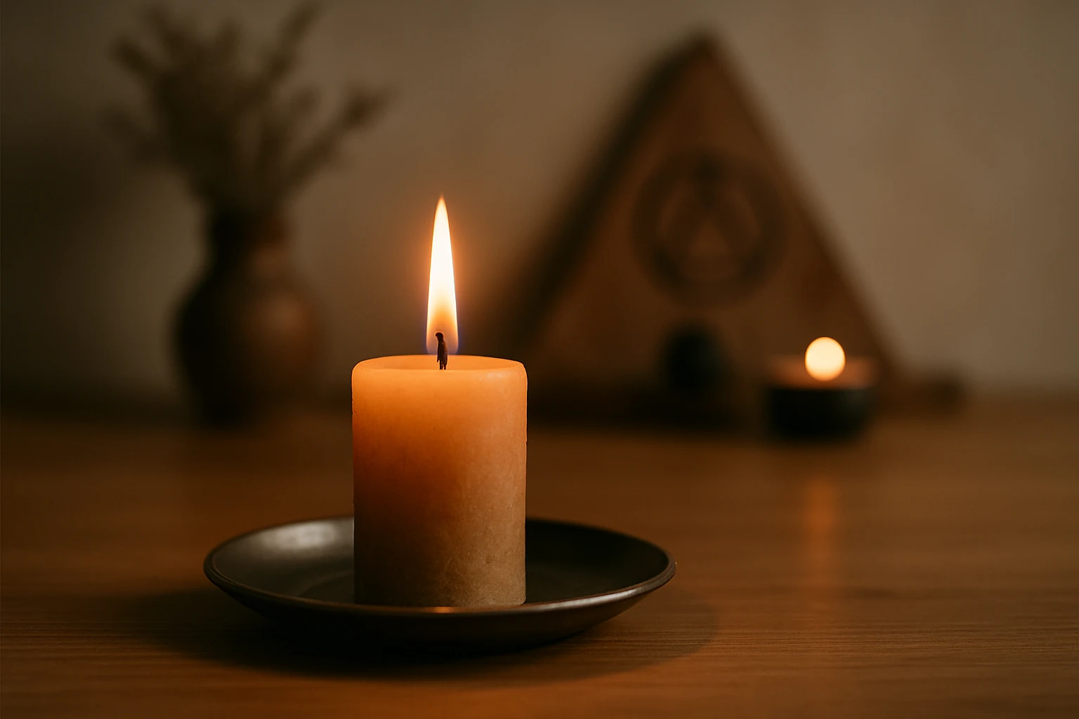 Vela encendida sobre un plato en un altar ritual minimalista.
